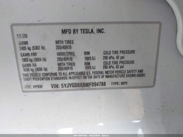 5YJYGDEE6MF094788 Tesla Model Y Long Range Dual Motor All-wheel Drive