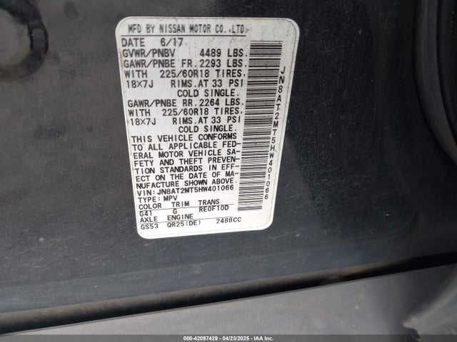 JN8AT2MT5HW401066 Nissan Rogue Sl