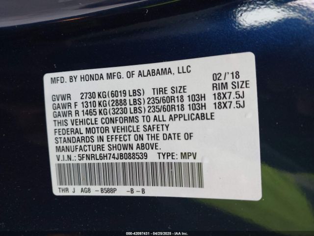 5FNRL6H74JB088539 Honda Odyssey Ex-l