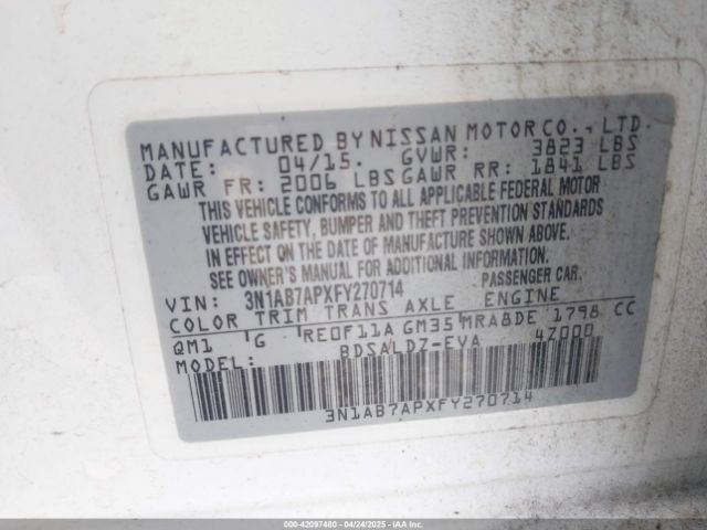 3N1AB7APXFY270714 Nissan Sentra Fe+ S/s/sl/sr/sv