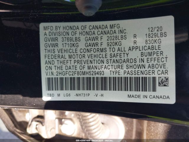 2HGFC2F80MH529493 Honda Civic Sport