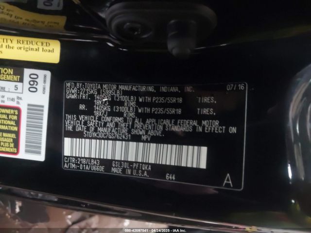 5TDYK3DC7GS762431 Toyota Sienna Limited Premium 7 Passenger