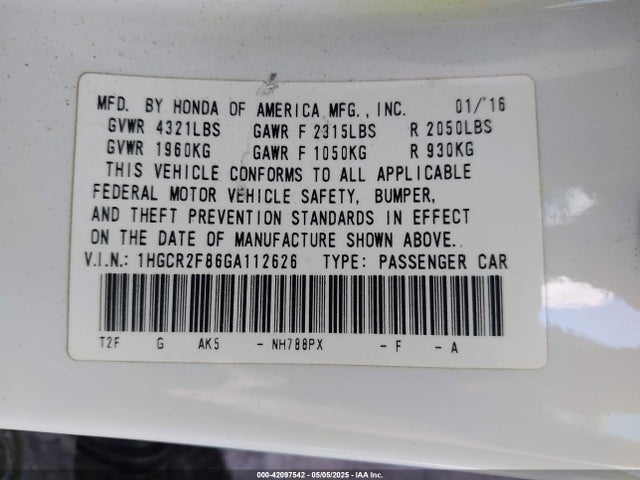 1HGCR2F86GA112626 Honda Accord Ex-l