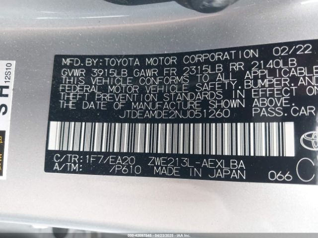 JTDEAMDE2NJ051260 Toyota Corolla Hybrid Le