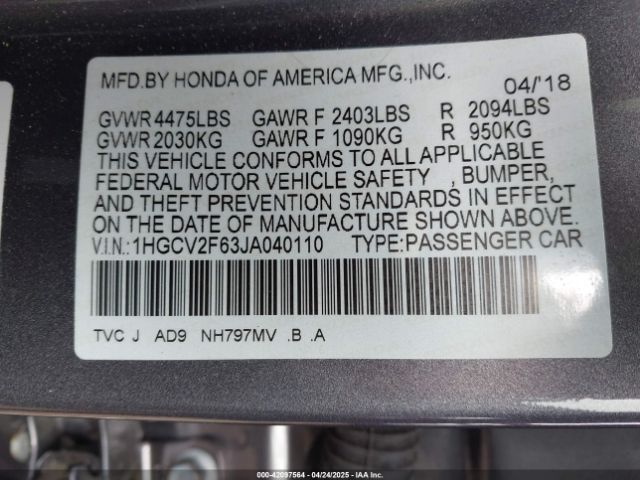 1HGCV2F63JA040110 Honda Accord Ex-l 2.0t
