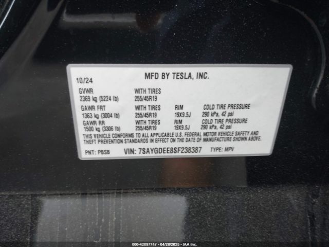 7SAYGDEE8SF238387 Tesla Model Y Long Range Dual Motor All-wheel Drive
