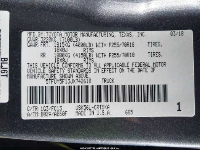5TFUY5F13JX742618 Toyota Tundra Sr5 5.7l V8