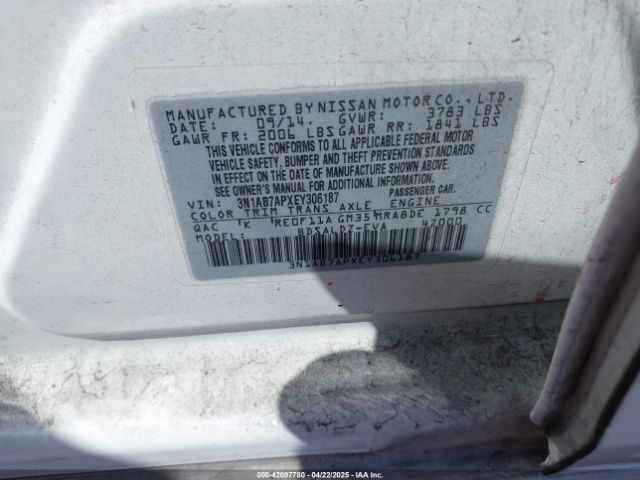 3N1AB7APXEY306187 Nissan SENTRA SV