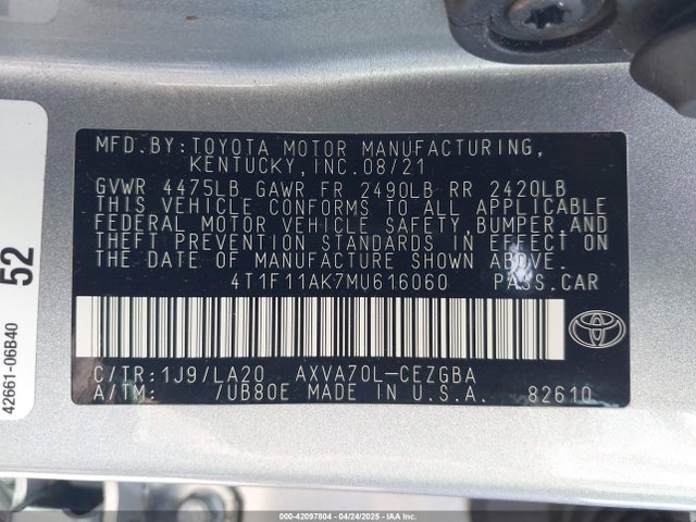 4T1F11AK7MU616060 Toyota CAMRY XLE