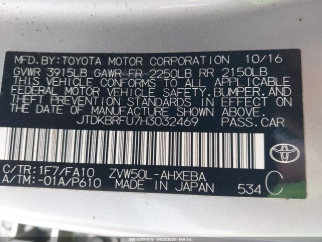 JTDKBRFU7H3032469 Toyota Prius Two