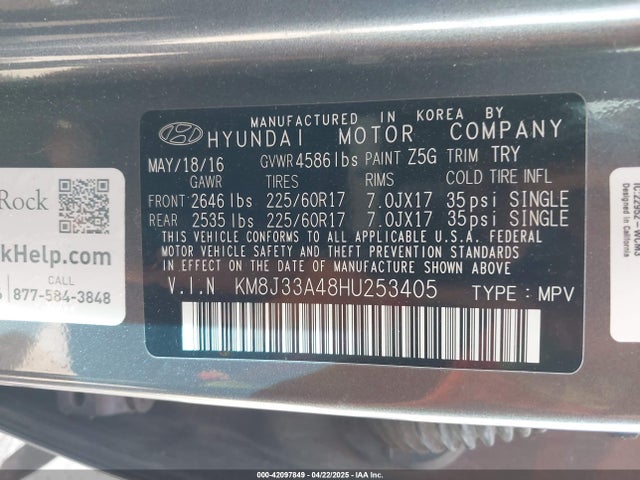 KM8J33A48HU253405 Hyundai TUCSON SE