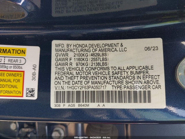 1HGCY2F63PA050717 Honda Accord Hybrid Ex-l