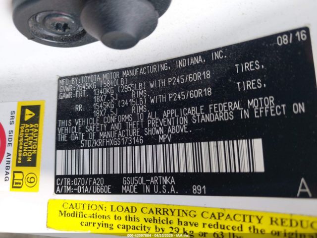 2016 TOYOTA HIGHLANDER 5TDZKRFHXGS173146 Photo 8