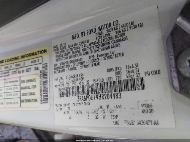 3FA6P0G79HR204483 Ford FUSION S