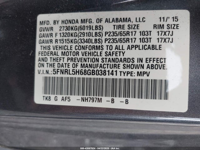 5FNRL5H68GB038141 Honda Odyssey Ex-l