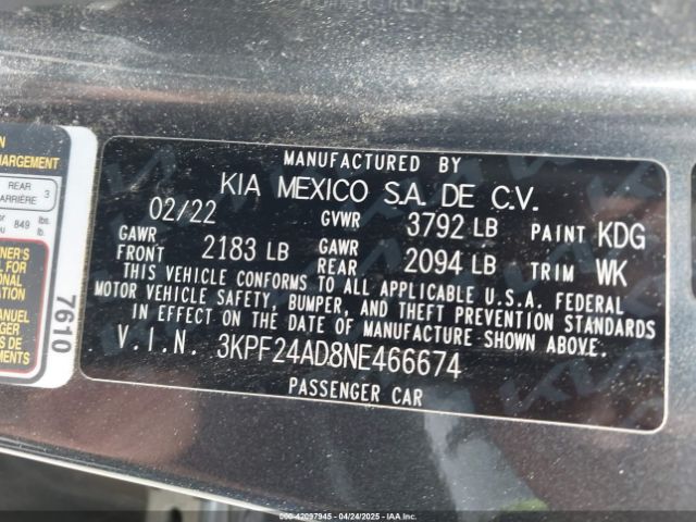 3KPF24AD8NE466674 KIA Forte Lxs