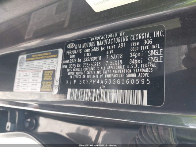 5XYPH4A53GG160595 KIA Sorento 3.3l Ex