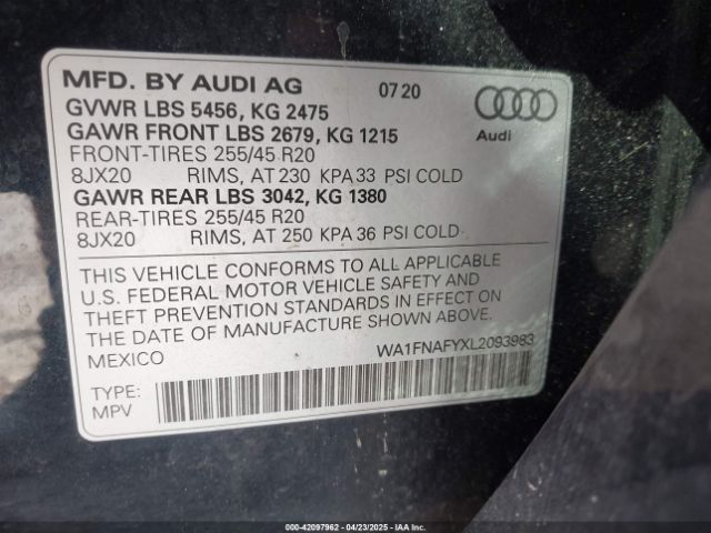 WA1FNAFYXL2093983 Audi Q5 Titanium Prestige 45 Tfsi Quattro S Tronic