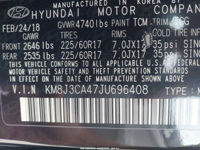 KM8J3CA47JU696408 Hyundai TUCSON SEL