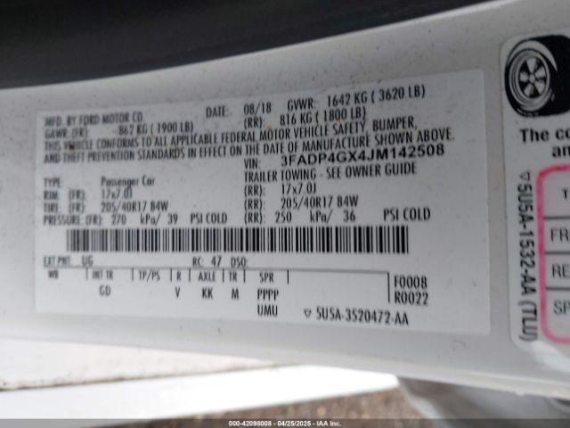 3FADP4GX4JM142508 Ford FIESTA ST