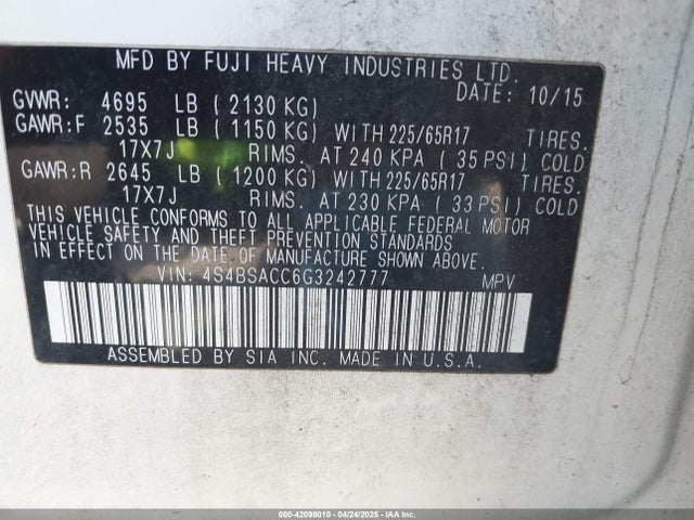 4S4BSACC6G3242777 Subaru 2.5l u5