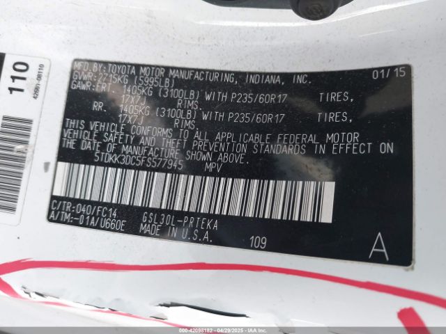 5TDKK3DC5FS577945 Toyota Sienna Le 8 Passenger