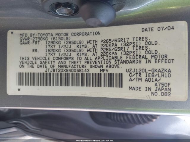 2004 LEXUS GX 470 JTJBT20X840058143 Photo 8