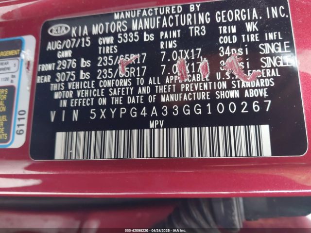 5XYPG4A33GG100267 KIA Sorento 2.4l Lx
