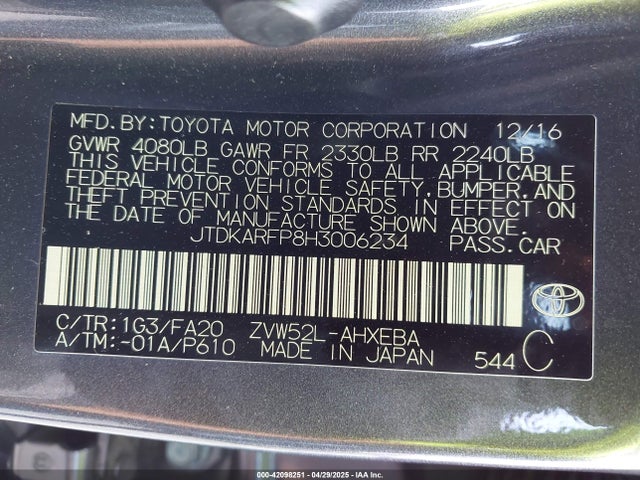 JTDKARFP8H3006234 Toyota 2zr-fxe+1nm