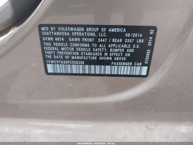 1VWCV7A33FC025205 Volkswagen Passat 2.0l Tdi Sel Premium