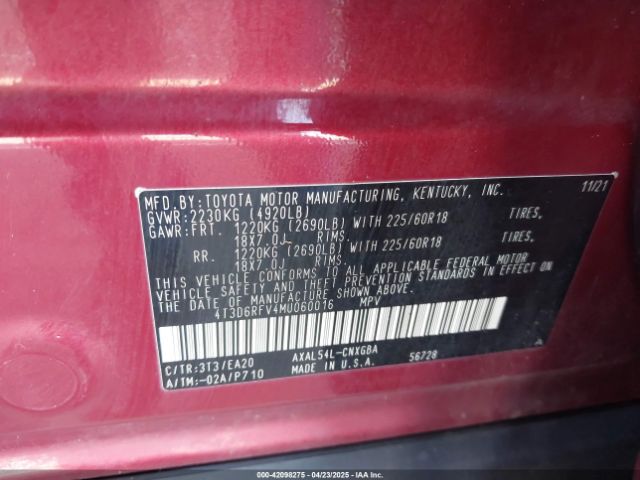 4T3D6RFV4MU060016 Toyota Rav4 Hybrid Limited