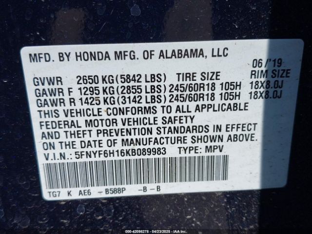 5FNYF6H16KB089983 Honda PILOT LX