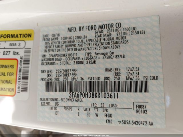 2019 FORD FUSION 3FA6P0HD8KR103611 Photo 8