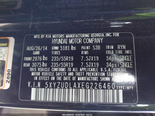5XYZUDLAXEG226460 Hyundai Santa Fe Sport 2.0l Turbo