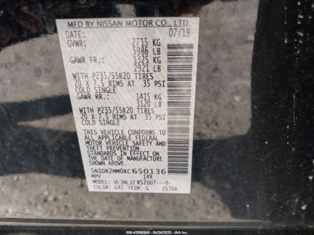 5N1DR2MM0KC650136 Nissan Pathfinder Platinum