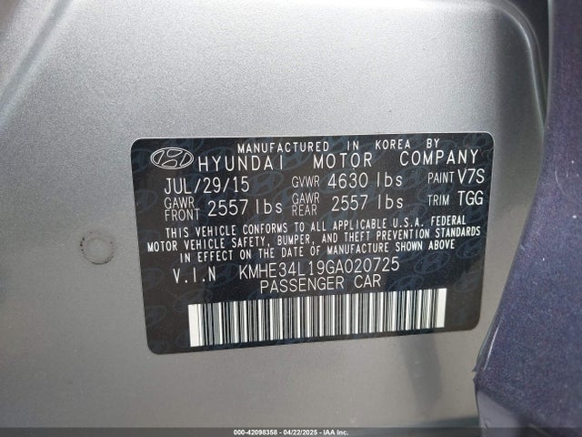 KMHE34L19GA020725 Hyundai Sonata Hybrid Limited