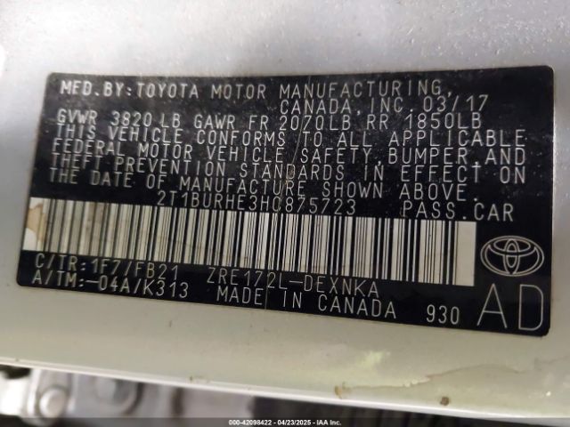2T1BURHE3HC875723 Toyota COROLLA LE
