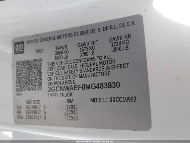 3GCNWAEF8MG483830 Chevrolet Silverado 1500 2wd  Long Bed Wt