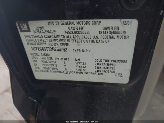 2002 CADILLAC ESCALADE 1GYEC63T72R200792 Photo 8