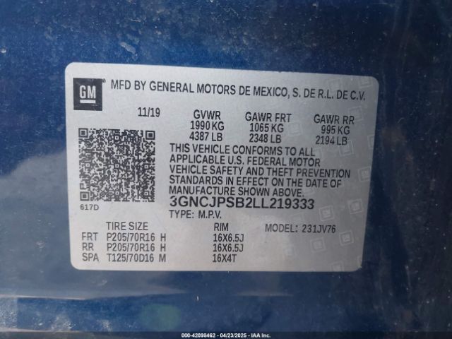 3GNCJPSB2LL219333 Chevrolet Trax Awd Lt