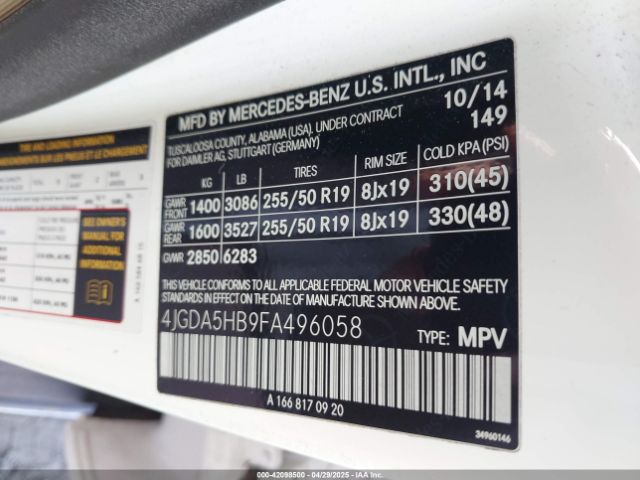 4JGDA5HB9FA496058 Mercedes-Benz Ml 350 4matic