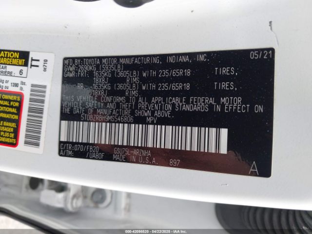 5TDBZRBH9MS546806 Toyota Highlander Le