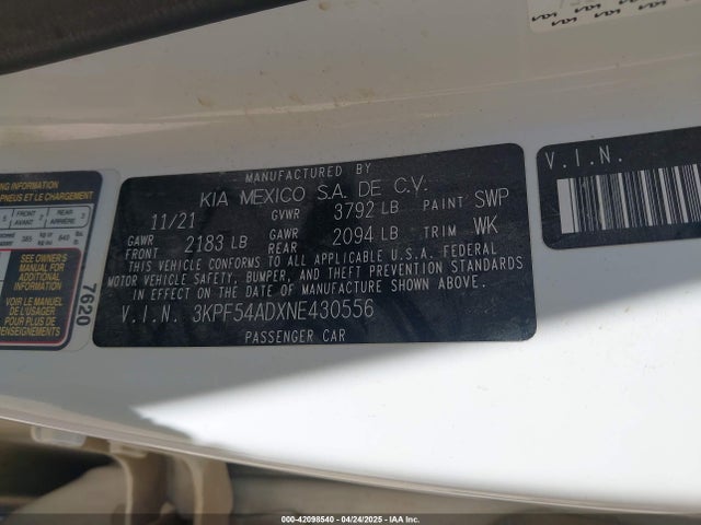 3KPF54ADXNE430556 KIA mpi nu