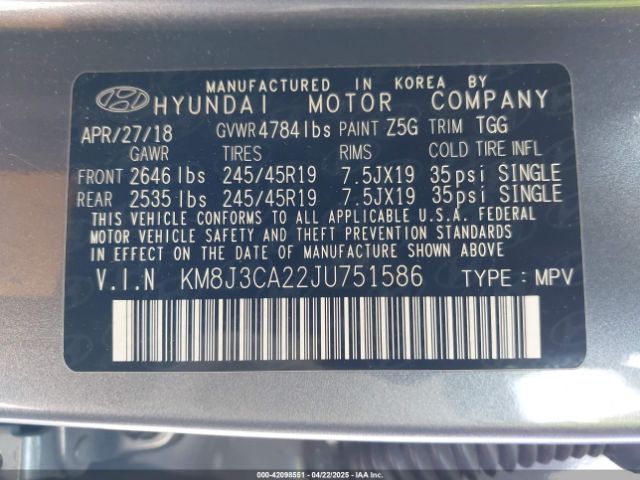 KM8J3CA22JU751586 Hyundai Tucson Value