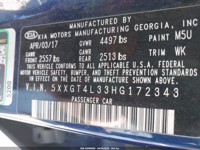 5XXGT4L33HG172343 KIA Optima Lx