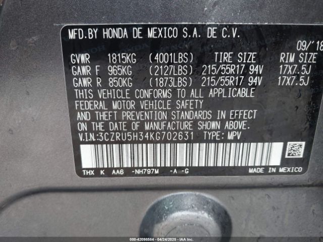 3CZRU5H34KG702631 Honda HR-V LX