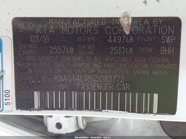 KNAGT4L38G5083772 KIA Optima Lx