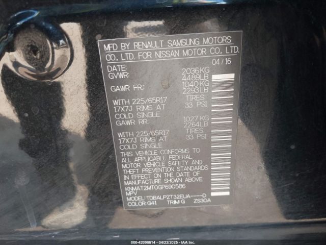 KNMAT2MT0GP690586 Nissan Rogue S/sl/sv