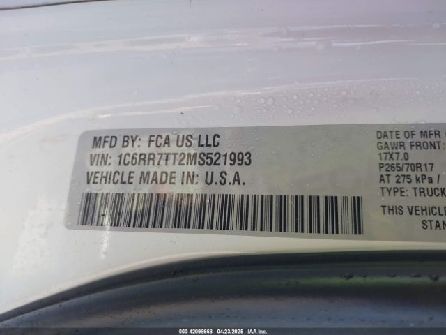1C6RR7TT2MS521993 RAM 1500 Classic Slt  4x4 6'4 Box