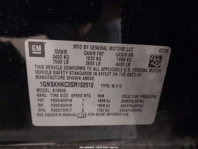 2016 CHEVROLET SUBURBAN 1GNSKHKC2GR102910 Photo 8